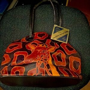 Hand Painted Giraffe Leather Vintage NWT Bag & Wood Animall African Necklace